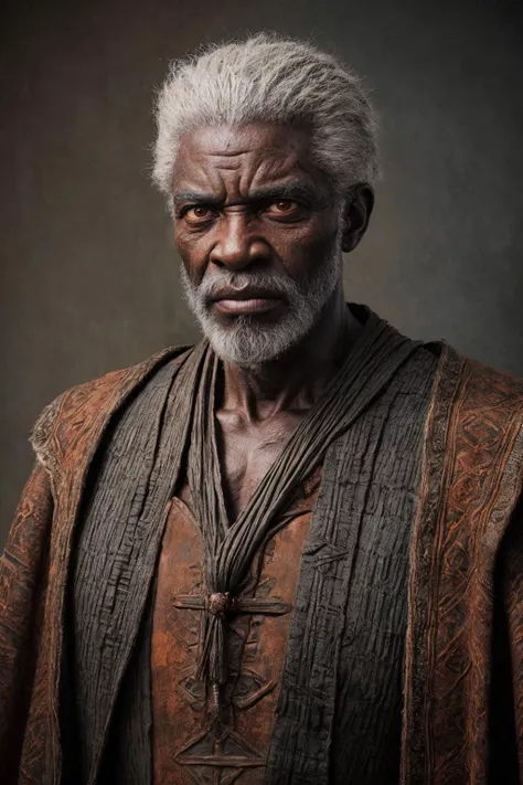 Detailed and realistic portrait of an angry, old, gray haired African-looking wizard wearing medieval black and rust-colored clothing, soft and low light