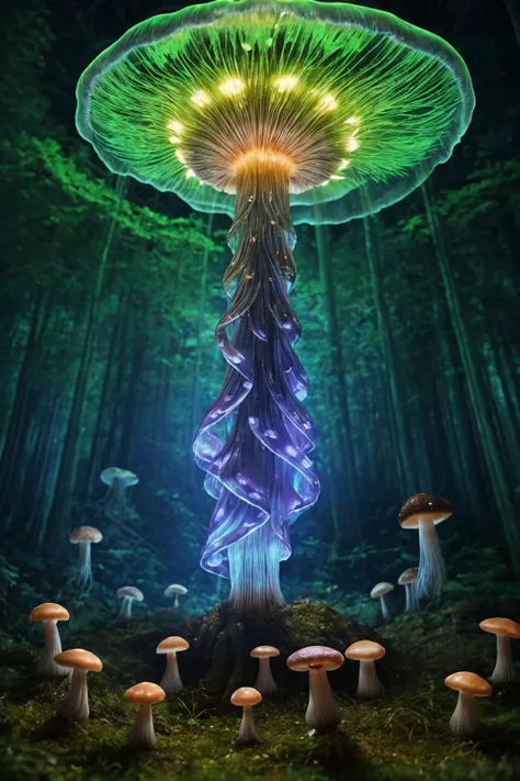 A jellyfish forest with mushrooms glowing in the dark, a forest fantasy in a nature scenery