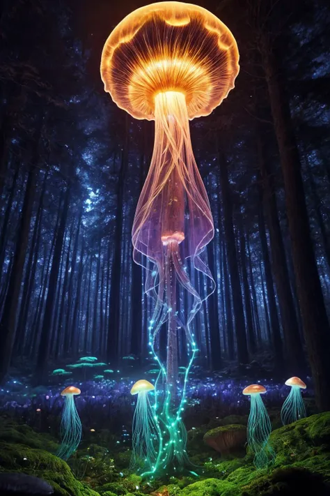 A jellyfish forest with mushrooms glowing in the dark, a forest fantasy in a nature scenery