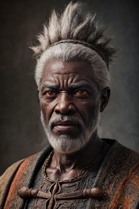 Detailed and realistic portrait of an angry, old, gray haired African-looking wizard wearing medieval black and rust-colored clothing, soft and low light