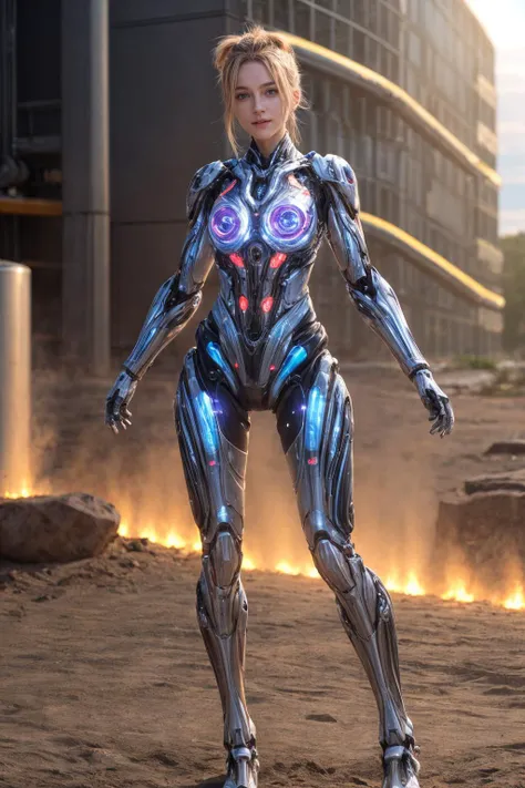 A professional high quality photo of a feminine biomechanical unit in action outdoors, overloaded integrated reactor, shining elements, glowing gaps, subsurface scattering