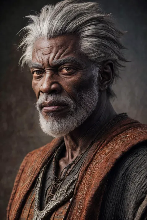 Detailed and realistic portrait of an angry, old, gray haired African-looking wizard wearing medieval black and rust-colored clothing, soft and low light