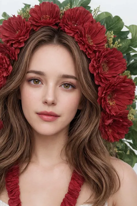 A high quality lucky shot of romantic [Ana De Amras | Rachel McAdams] wearing a massive wreath with large red flowers, natural makeup