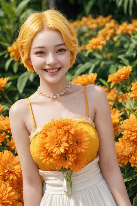A smiling young woman [ <'EM_1'> | <'EM_2'> | <'EM_3'> ] with her short yellow hair, orange eyes and feminine body, white flower accessories, hot summer background, orange theme
