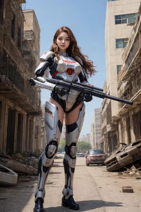 A high quality photo of a young mecha woman with a big gun on a ruined city street