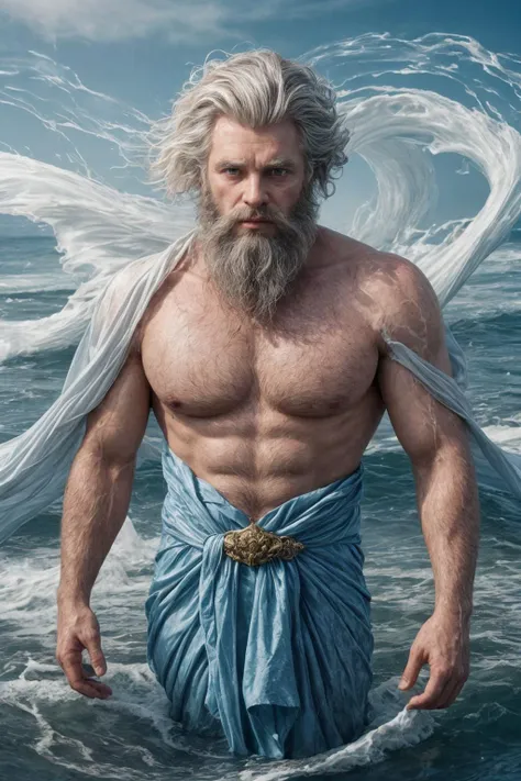 A photo of Proteus the god of the ocean shrouded in mysterious swirling waves, wearing open silk robes with intricate patterns, gold, regal appearance, atmospheric fog, crashing waves, gruff features, white hair, mature man, beard, chest hair, arm hair, loincloth, ocean, clear blue sky, subsurface scattering, cinematic lighting, dramatic angle, looking at viewer