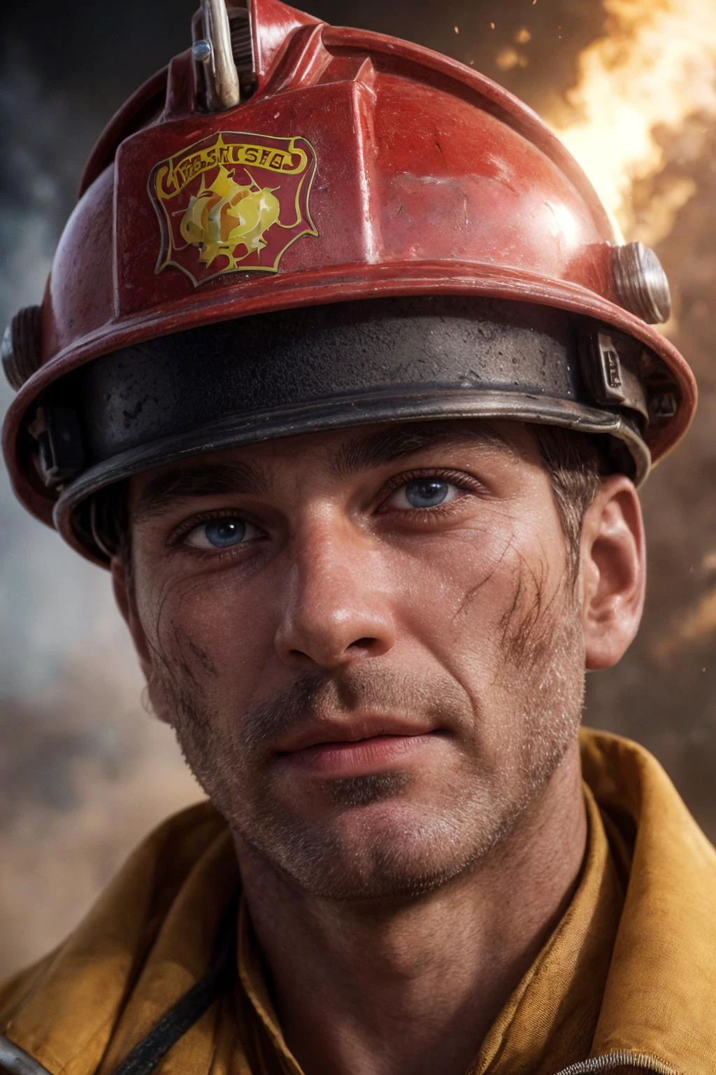 A high quality professional closeup photo of a fireman with dust and scratches on his skin with serious eyes wearing a headpiece, Surreal Harmony, cinematic lighting