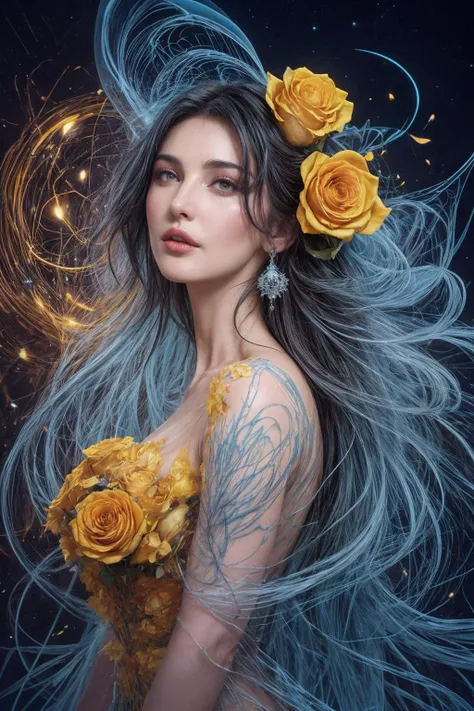 An approaching perfection ethereal [ <'EM_1'> | <'EM_2'> ] with yellow and bright orange roses in her surreal moonlight hairstyle, dynamic dark blue light blue and grey palette, an expressive artwork by Carne Griffiths and Wadim Kashin
