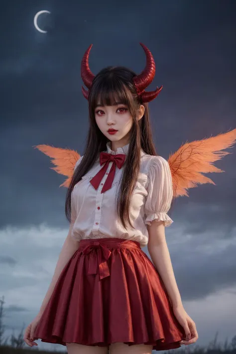 A high quality photo of a red eyed young demon ulzzang looking woman with demonic horns, wings and a tail wearing a skirt casting otherworldly charm with her enchanting gaze in a captivating pose under cloudy mystical sky at moonlit night