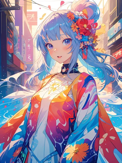 An anime girl, upper body, ambient light, Harajuku fashion, flowers, fusion of fluid abstract art in limited colors, glitch, geometric art style of Anna Dittmann