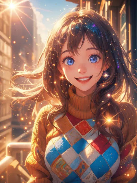 A high quality photo of a happy woman wearing a patchwork sweater stands out, fantastical and mesmerizing scenery, light particles, lens flare, fаine dust reflected in light, glittering lights