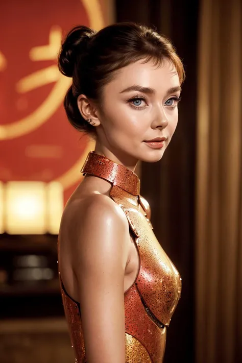 [Audrey Hepburn | Laura Vandervoort] wearing [ loosing colorful cheongsam, bare shoulders, shining luxury style, romantic movie : cooper armor, exoskeleton, vintage photo : 0.9], glow radiance,
