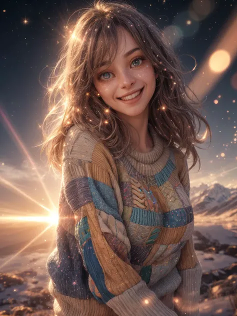 A high quality photo of a happy woman wearing a patchwork sweater stands out, fantastical and mesmerizing scenery, light particles, lens flare, fаine dust reflected in light, glittering lights