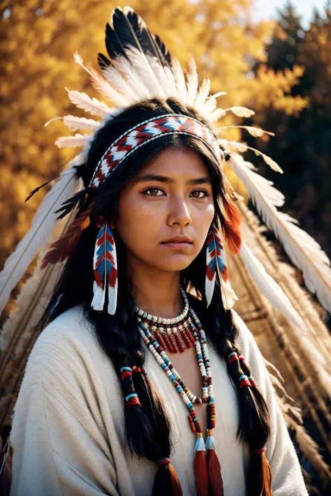 A romantic story, native American clothes, scenery, posing, native American headdress with feathers, close portrait, kodak chrome camera transparency, film grain, dramatic lighting, wigwam, autumn