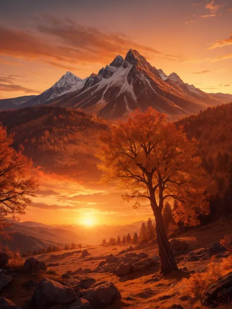 An awe-inspiring photography capturing the last moments of daylight as the sun dips below the horizon. The sky is painted in hues of fiery orange, gold, and crimson, casting a warm glow over the landscape. Silhouettes of trees and mountains stand against the vibrant backdrop, creating a serene and nostalgic atmosphere.