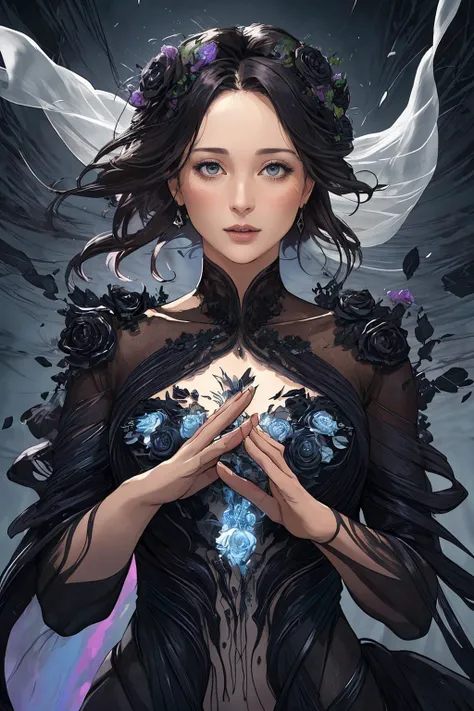 An expressive artwork by Carne Griffiths and Wadim Kashin with
an ethereal beauty [ <'EM_1'> | <'EM_2'> | <'EM_3'> ] approaching perfection in magic with black roses in her elegant hair, dynamic onyx and grey palette