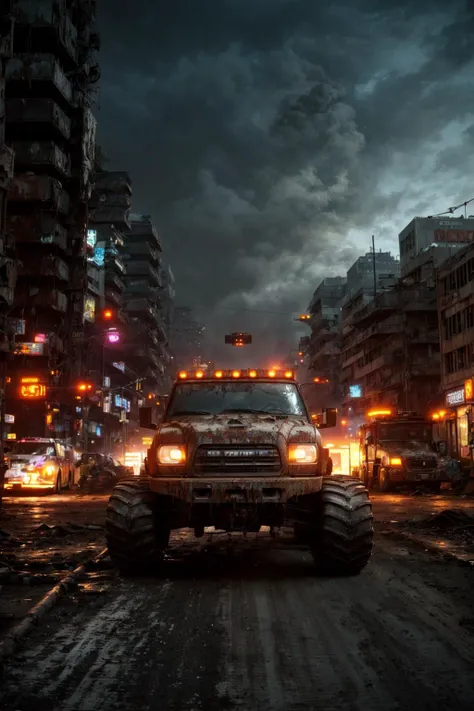 A photo of a rusty monster truck on a post-apocalyptic street, survival, cyberpunk, explosions, outdoors, night, urban decay