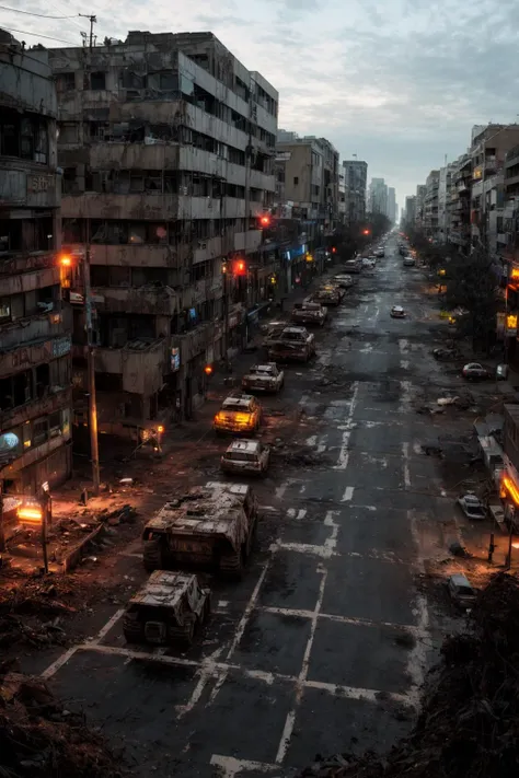 An post-apocalyptic street crossroads, A photo of a rusty monster truck, survival, explosions, urban decay, at night