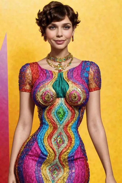 A 23yo [ <'EM_1'> <'EM_2'> | <'EM_3'> <'EM_4'> | <'EM_5'> <'EM_6'> ] wearing a colorful dress, curls, short haircut, hourglass figure, intricate jewelry
[an artwork in the style of Maria Lassnig : a professional digital photo : 0.5]