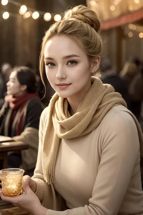 (masterpiece, best quality), female hundred years old, voluptuous, east asian, emerald eyes,  short nose, receding chin, high jawline,  unusual forehead,     , sandy blonde updo hairstyle hair, gratitude wearing shapewear slip, g-string,  , playing with scarf, playing with a scarf with a flirtatious smile, adding a touch of mystery and allure, warm lighting, soft golden or amber hues creating a cozy and inviting atmosphere, a community gathering, with people of all ages enjoying games, music, and food