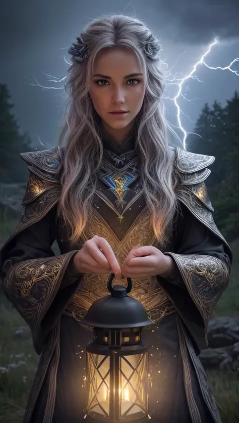 <lora:Storm_Atronach:1> Award-winning photography of an beautiful Storm_Atronach, holding a glowing lantern, hair of lightning, hyper realistic, intricate details, colorful, sparkles, shining, ultra sharp, realism, lightning strikes