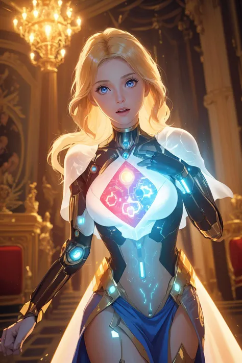 [ <'EM_1'> | <'EM_2'> | <'EM_3'> ] as an emotional biomarble cyborg performing an action in the royal palace, glowing gaps, enriched krypton reactor, ambient light, subsurface scattering, a real life photo, film grain