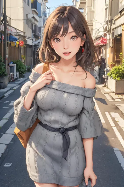 A lucky photo of [ <'EM_1'> | <'EM_2'> | <'EM_3'> ] posing as a fashion model on a quiet street wearing off shoulder gray knit tube dress, double eyelid, single-lens reflex