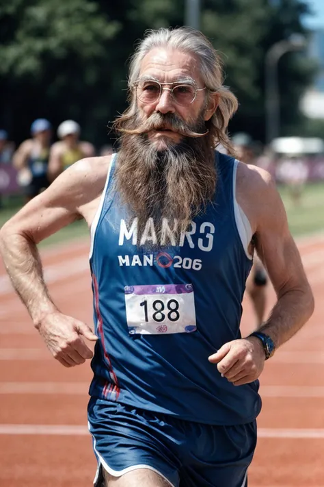 An elderly hippie man running, athletic, beard, moustache, messy hair, marathon race, vintage Olympics dress, sweat stains, [cinematic : real life analog : 0.5] photo, film grain