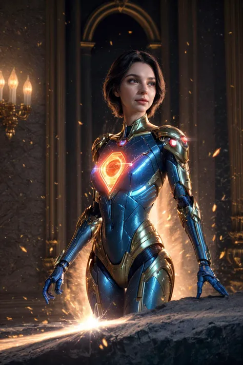 An emotional biomarble cyborg with her charming face and elegant feminine shapes, preforming an action in the royal palace, glowing gaps, enriched krypton reactor, ambient light, subsurface scattering, [abstract art : real life analog photo, natural skin, film grain : 0.75]