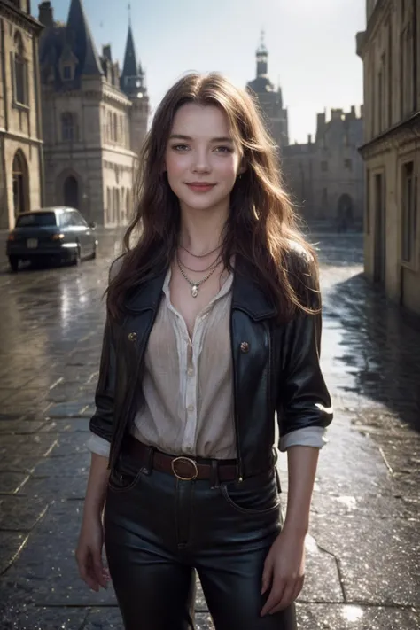 portrait of a happy young [woman | Eva Green | Natalie Dormer] by Bill Henson, necklace, castle, sunshine, wet asphalt, puddles, cowboy shot