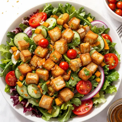 A vibrant salad bursting with color, featuring crisp mixed greens, cherry tomatoes, cucumber slices, shredded carrots, and tangy vinaigrette dressing. The salad is garnished with toasted croutons for added crunch and flavor.