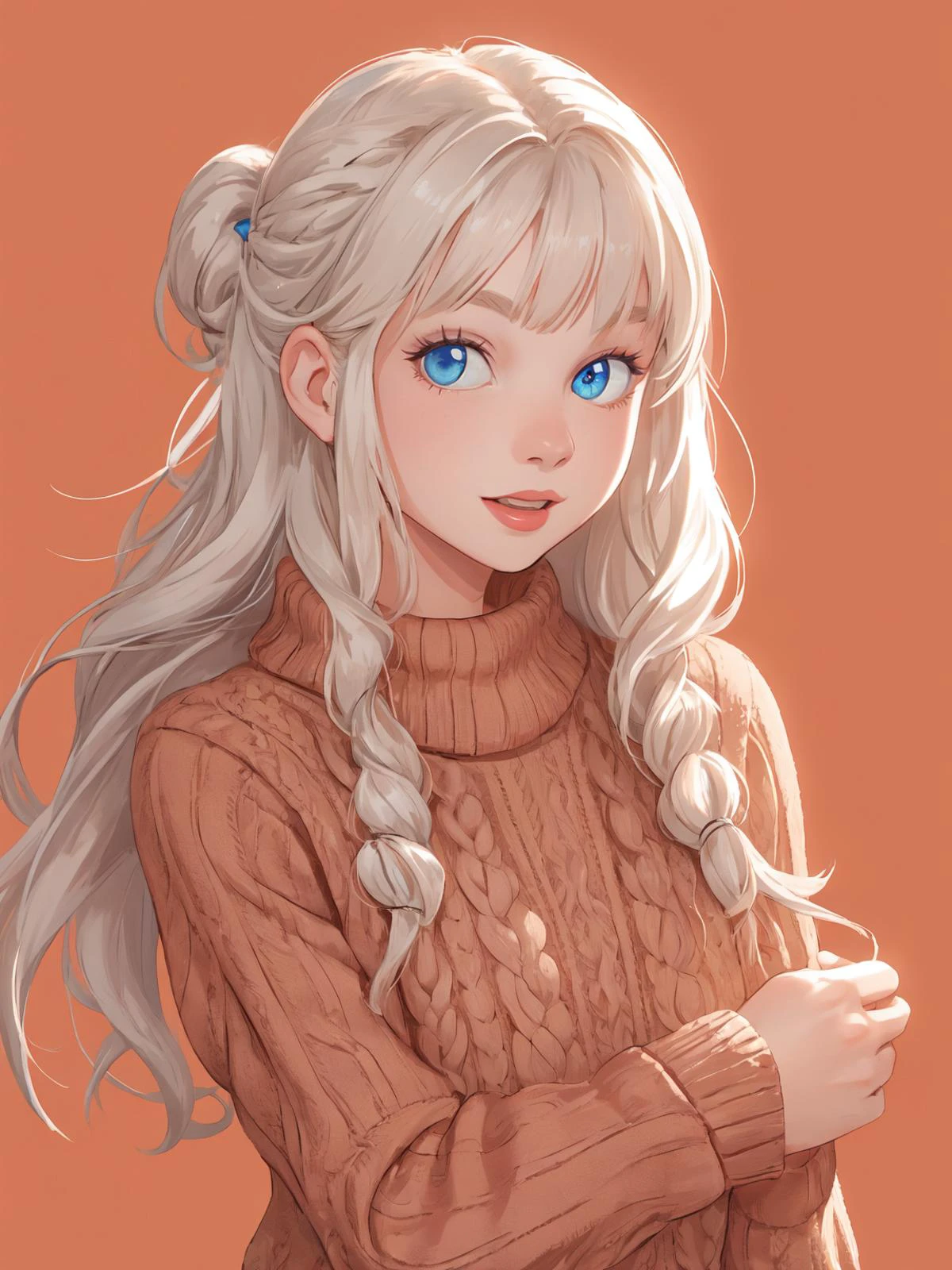 A young Scandinavian woman wearing a sweater on a solid background