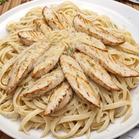 A comforting dish of creamy fettuccine Alfredo topped with grilled chicken strips and sprinkled with grated Parmesan cheese. The pasta is cooked to al dente perfection, coated in a silky white sauce that's both decadent and satisfying.