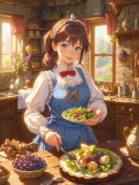 A young french woman preparing a grape salad in a quaint french cottage kitchen room interior depicted in a storybook illustration by akihiko yoshida, thomas kinkade and beatrix potter