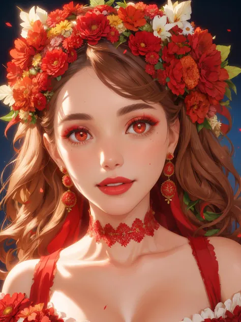 A high quality glamour photo of [Ana De Amras | Rachel McAdams] wearing a massive intricate red flowers wreath, natural makeup, flowers theme