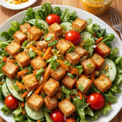 A vibrant salad bursting with color, featuring crisp mixed greens, cherry tomatoes, cucumber slices, shredded carrots, and tangy vinaigrette dressing. The salad is garnished with toasted croutons for added crunch and flavor.