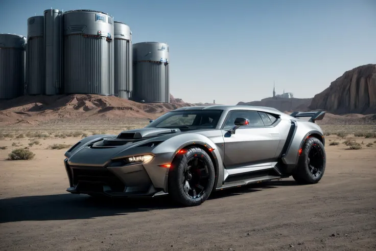 A futuristic muscle car, armored evil vehicle, sharp edges, helium reactor, dangerous science fiction, battle tech, whimsical environment