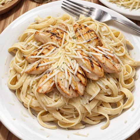 A comforting dish of creamy fettuccine Alfredo topped with grilled chicken strips and sprinkled with grated Parmesan cheese. The pasta is cooked to al dente perfection, coated in a silky white sauce that's both decadent and satisfying.