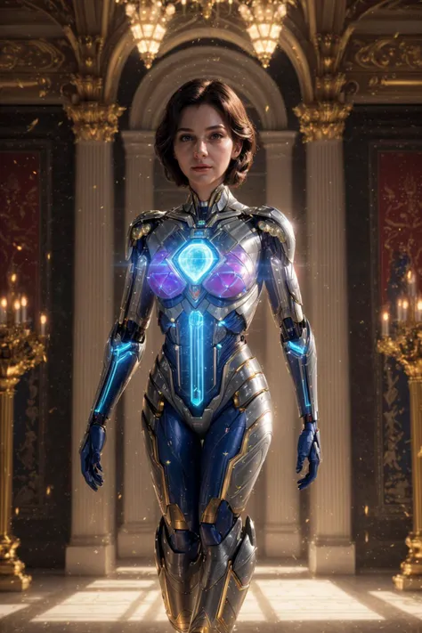 An emotional biomarble cyborg with her charming face and elegant feminine shapes, preforming an action in the royal palace, glowing gaps, enriched krypton reactor, ambient light, subsurface scattering, [abstract art : real life analog photo, natural skin, film grain : 0.75]