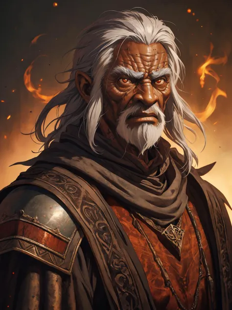 Detailed and realistic portrait of an angry, old, gray haired African-looking wizard wearing medieval black and rust-colored clothing, soft and low light