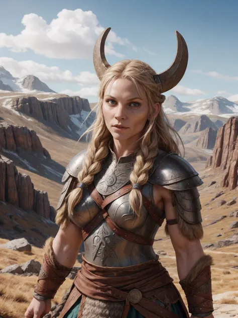 A portrait of a fierce Viking shieldmaiden, embodying bravery and resilience in a rugged landscape