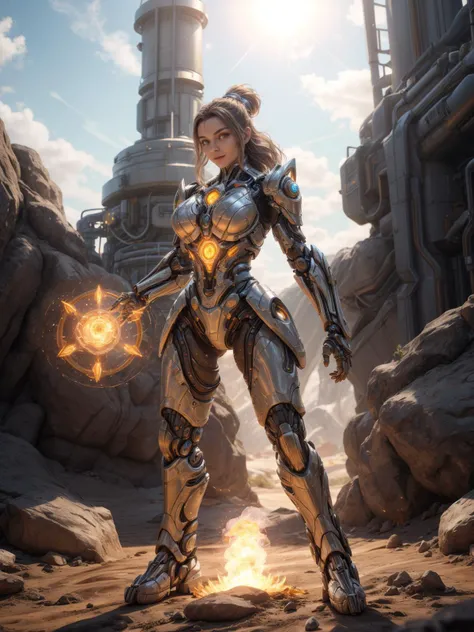 A professional high quality photo of [ <'EM_1'> | <'EM_2'> | <'EM_3'> ] wearing elegant biomechanical armor in action outdoors with overloaded internal reactor, shining elements, glowing gaps, subsurface scattering,