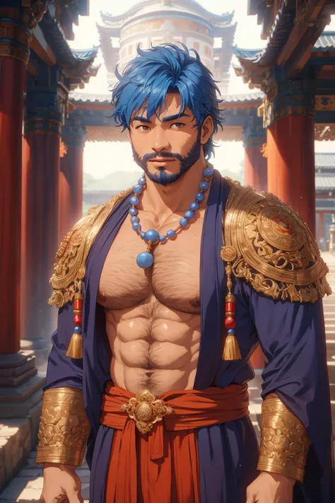 [:film grain, analog photo of :0.25] a monk with blue hair in a temple wearing an intricate robe, bara, manly, chest hair, pecs, (prayer beads:0.8), stubble, dark-skinned male