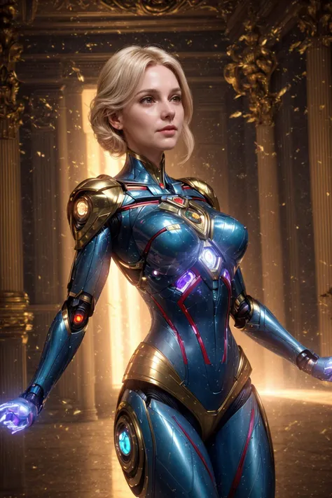 An emotional biomarble cyborg with her charming face and elegant feminine shapes, preforming an action in the royal palace, glowing gaps, enriched krypton reactor, ambient light, subsurface scattering, [abstract art : real life analog photo, natural skin, film grain : 0.75]