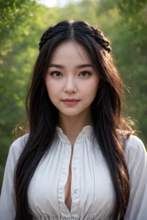 a perfect well-lit (closeup:1.15) (medium shot portrait:0.6) photograph of a beautiful woman standing on the hiking trail, wearing an intriguing outfit, looking at me, coy slight smile