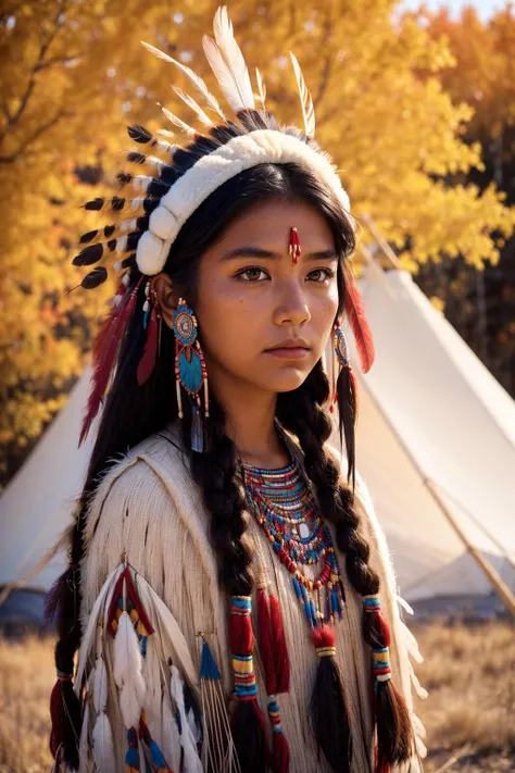 A romantic story, native american clothes, scenery, posing, native american headdress with feathers,
A close portrait, kodak chrome camera transparency,
film grain, dramatic lighting, wigwam, autumn