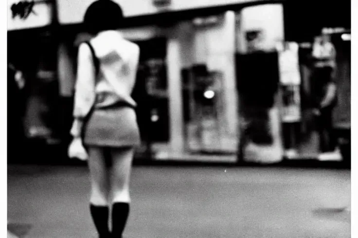 moriyama photo, a fasion japanese girl, walking, from side view, tokyo street <lora:moriyama:1>