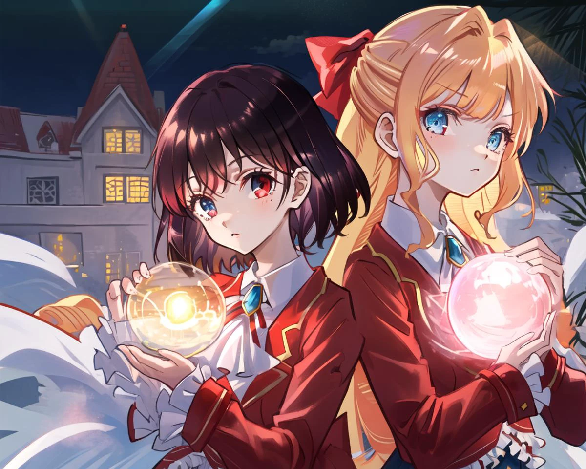 hands holding magic water ball,
Kurea, (ReiT:1.1), 2girls, casting magic, fantasy, night, light beam, gravels,
red jacket, school uniform, dark, hair bow, ribbon, night, long sleeves, holding wand, outdoors, brooch, closed mouth, frills, magic, anime coloring, red eyes, blue eyes,
<lora:wataoshi_EP01to10-loha-bundle-30000:1:1>, <lora:kohakuV5_rev2:0.5>, <lora:kohaku-v3-rev2:0.3>, <lora:Pastel-Mix:0.4>