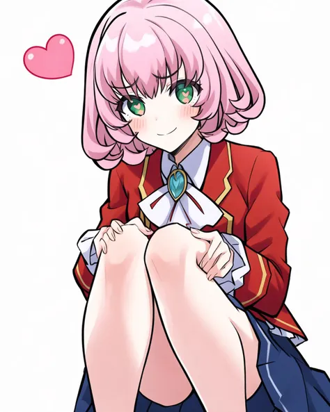 Pipi, solo, 1girl, long sleeves, looking at viewer, closed mouth, bangs, simple background, smile, heart-shaped pupils, brooch, shirt, blush, red jacket, skirt, knees,   white background, sky, holding own legs, 
<lora:wataoshi_EP01to10-loha-bundle-30000:1:1>, <lora:GoodHands-vanilla:1>, <lora:kohakuV5_rev2:0.4>, two-tone_background