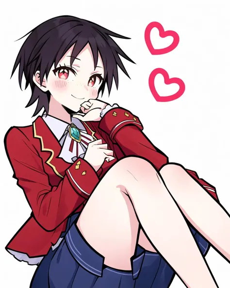 roretta, solo, 1girl, long sleeves, looking at viewer, closed mouth, bangs, simple background, smile, heart-shaped pupils, brooch, shirt, blush, red jacket, skirt, knees, white background, sky, hand to the mouth, 
<lora:wataoshi_EP01to10-loha-bundle-30000:1:1>, <lora:GoodHands-vanilla:1>, <lora:kohakuV5_rev2:0.4>, two-tone_background